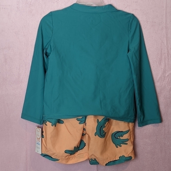 Carter's Orange and Teal Alligator Print Rashguard and Swim Trunks Matching Set - Picture 3 of 7